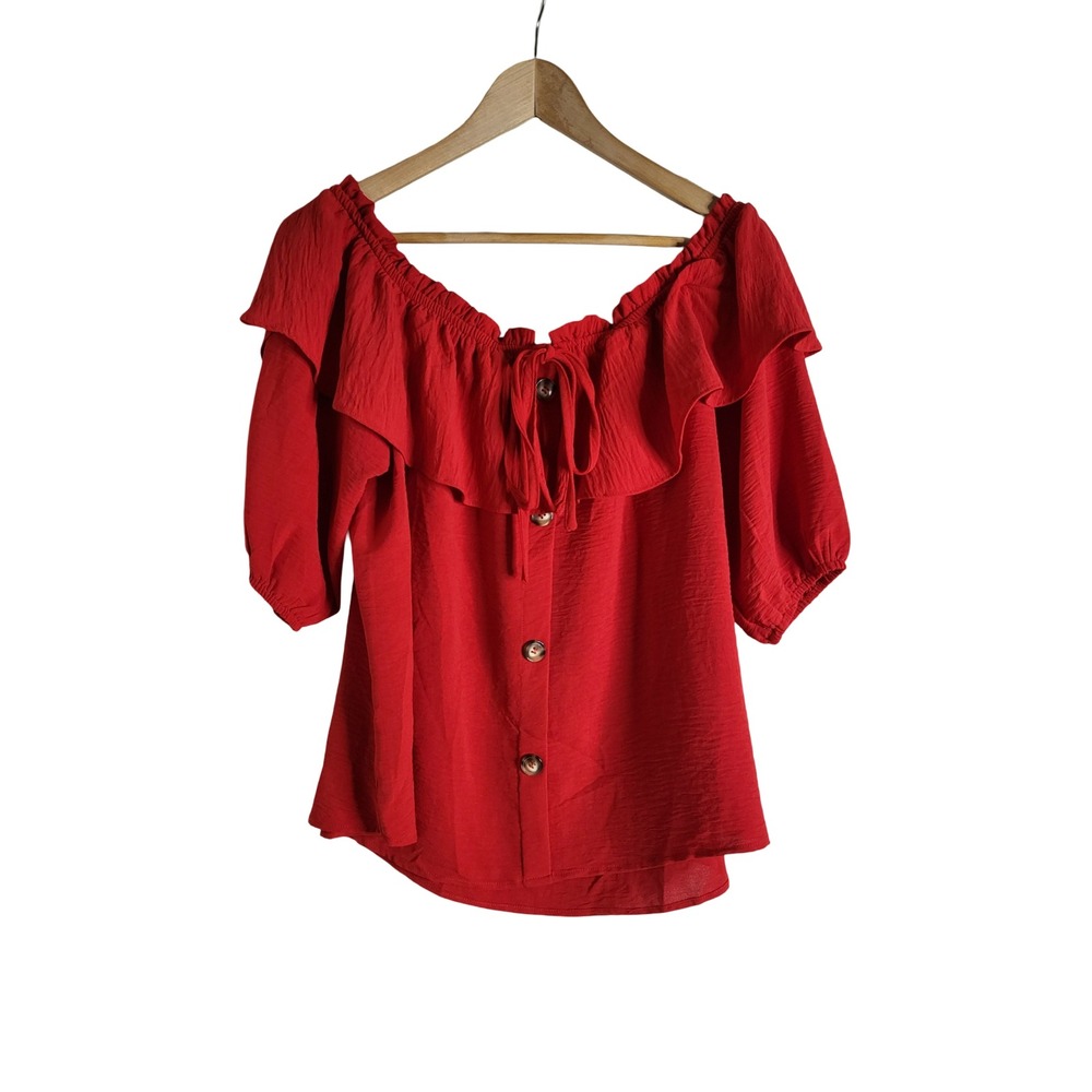 Bluebell Red Off The Shoulder Ruffle Button Front Blouse 2XL Romantic Festive